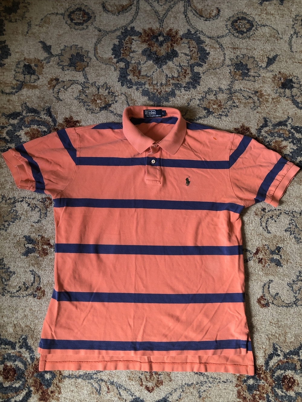 Polo Ralph Lauren Shirt Mens Large Pink Blue Striped Cotton Formal Button Up